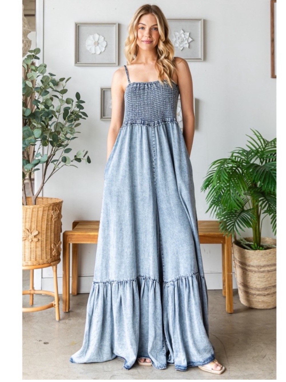 Oli & Hali Mineral Washed Flowy Tencel Denim Relaxed Fit Wide Leg Jumpsuit NWOT